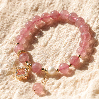 Buddha Gift Strawberry Quartz Pearl Four Leaf Clover Charm Healing Bracelet