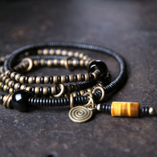 Buddha Gift Ebony Wood Dzi Bead Copper Peace Couple Bracelet Necklace Pendant