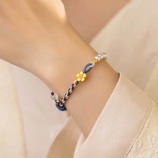 Buddha Gift 925 Sterling Silver Peach Blossom Pearl Chalcedony Healing Rope Bracelet