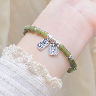 Buddha Gift 925 Sterling Silver Bamboo Jade Lucky Cat Fu Character Luck Abundance Bracelet
