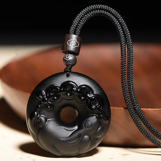 Buddha Gift Chinese Zodiac Natural Black Obsidian Peace Buckle Strength Necklace Pendant