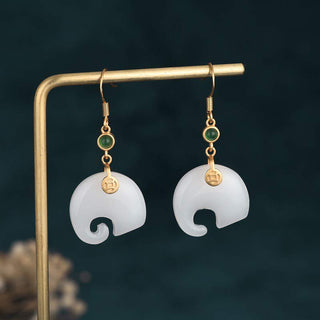 Buddha Gift FengShui Elephant White Jade Fortune Earrings