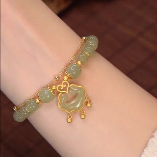 Buddha Gift 14K Gold Plated Natural Hetian Jade Wish Lock Bell Chain Bracelet