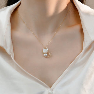 Buddha Gift 14K Gold Plated Pearl Hetian Jade Shell Luck Cat Kitten Necklace Pendant