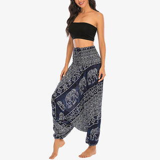 Buddha Gift Two Style Wear Elephant Pattern Loose Smocked Harem Trousers Jumpsuit Women's Yoga Pants