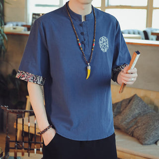 Buddha Gift Frog-Button Dragon Embroidery Chinese Tang Suit Short Sleeve Shirt Linen Men Clothing