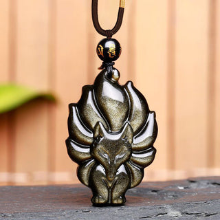 Buddha Gift Natural Rainbow Obsidian Gold Sheen Obsidian Nine Tailed Fox Positive Necklace Pendant