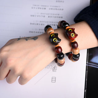 Buddha Gift Small Leaf Red Sandalwood Ebony Wood Cute Cat Engraved Protection Bracelet