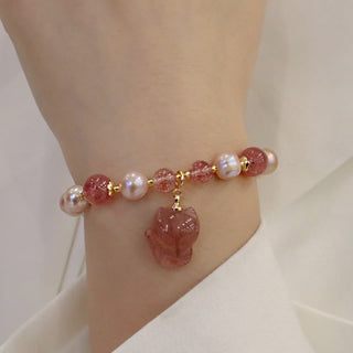 Buddha Gift Natural Pearl Strawberry Quartz Cute Fox Love Healing Charm Bracelet