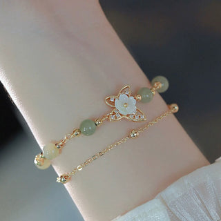 Buddha Gift 14K Gold Plated Jade Butterfly Tridacna Stone Flower Double Layer Luck Bracelet