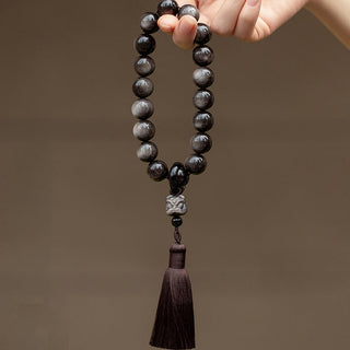 Buddha Gift Natural Silver Sheen Obsidian Black Obsidian Lion Wrist Mala Protection Tassels Pocket Mala Car Decoration