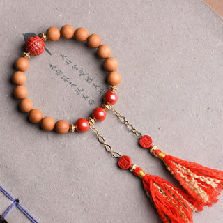 Buddha Gift Tibetan Natural Peach Wood Cinnabar PiXiu Wealth Tassels Bracelet