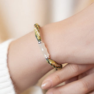 Buddha Gift White Jade Bamboo Reincarnation Knot Wealth Luck Strength String Bracelet