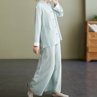 Buddha Gift 2Pcs Tang Suit Long Sleeve Shirt Top Pants Meditation Zen Tai Chi Cotton Linen Clothing Women's Set