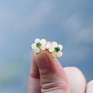 Buddha Gift White Jade Flower Luck Blessing Stud Earrings