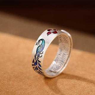 Buddha Gift 999 Sterling Silver Peacock Auspicious Clouds Engraved Lotus Flower Fortune Ring