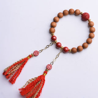 Buddha Gift Tibetan Natural Peach Wood Cinnabar PiXiu Wealth Tassels Bracelet