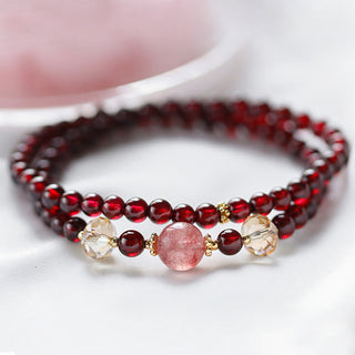Buddha Gift 14K Gold Plated Natural Garnet Strawberry Quartz Stability Double Wrap Bracelet