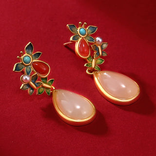 Buddha Gift Water Drop White Jade Red Agate Butterfly Protection Drop Dangle Earrings