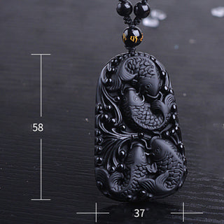 Buddha Gift Black Obsidian Koi Fish Engraved Strength Beaded Necklace Pendant
