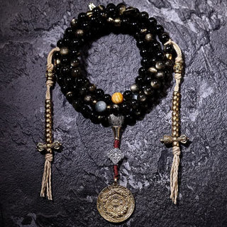 Buddha Gift 108 Mala Beads Gold Sheen Obsidian Tiger Eye Eagle's Eye Stone Wealth Bracelet