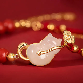 Buddha Gift 925 Sterling Silver Plated 18K Gold Hetian Jade Ruyi Cat Cinnabar Luck Bracelet Necklace Pendant Set