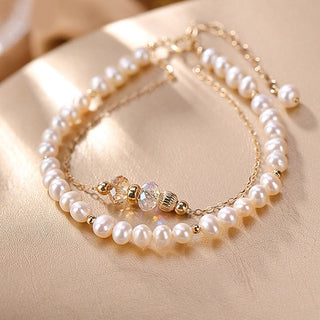 Buddha Gift 925 Sterling Silver 14K Gold Plated Natural Pearl Crystal Healing Double Layer Bracelet