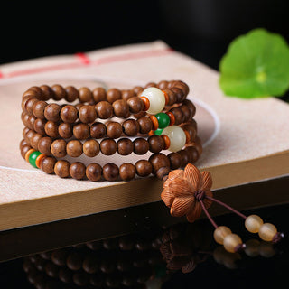 Buddha Gift 108 Mala Beads Peach Wood Bodhi Seed Lotus Prayer Meditation Bracelet
