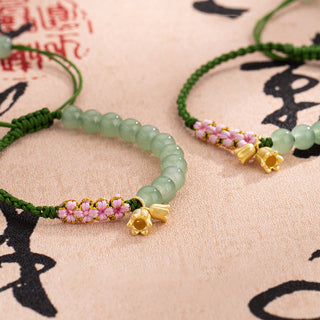 Buddha Gift Handmade Jade Bead Lily of the Valley Charm Luck Braided Bracelet