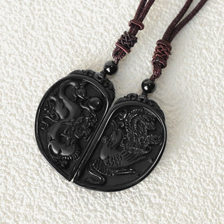 Buddha Gift Black Obsidian Love Dragon Phoenix Protection Necklace Pendant