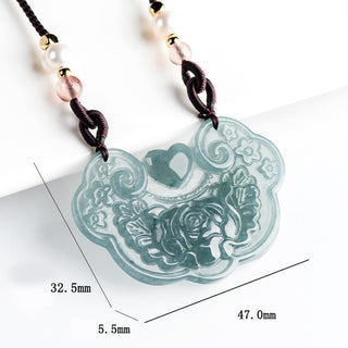 Buddha Gift Natural Jade Peony Flower Lock of Good Wishes Prosperity Necklace Pendant
