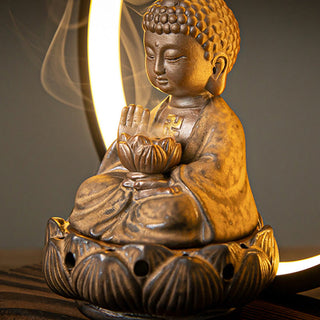 Buddha Gift Buddha Lotus Backflow Smoke Fountain Ceramic Blessing Incense Burner With Light Decoration