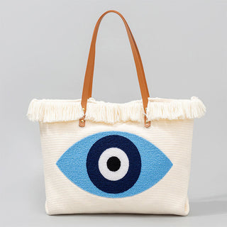 Buddha Gift Large Capacity Evil Eye Leaf Hamsa Tassel Canvas Tote Shoulder Bag