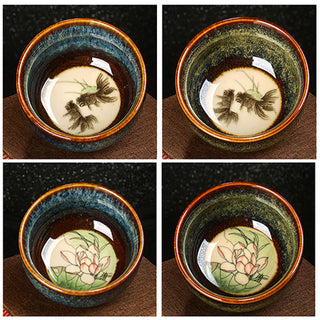 Buddha Gift Lotus Dragon Phoenix Koi Fish Chinese Jianzhan Ceramic Teacup Kung Fu Tea Cup 110ml