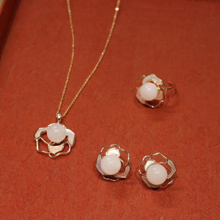 Buddha Gift 925 Sterling Silver Plated Gold Posts Hetian White Jade Tridacna Stone Camellia Flower Luck Necklace Pendant Ring Earrings