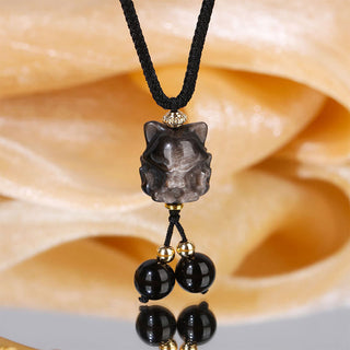 Buddha Gift Natural Silver Sheen Obsidian Nine Tailed Fox Protection Necklace Pendant