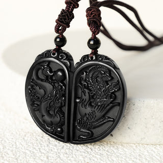 Buddha Gift Black Obsidian Love Dragon Phoenix Protection Necklace Pendant