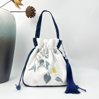 Buddha Gift Embroidered Lotus Koi Fish Crane Camellia Cotton Linen Tote Crossbody Bag Shoulder Bag Handbag
