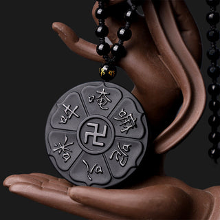 Buddha Gift Natural Black Obsidian Tibetan Om Mani Padme Hum Buddha Swastika Luck Necklace Pendant