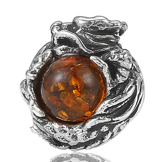 Buddha Gift 925 Sterling Silver Natural Amber Dragon Success Protection Stud Earring