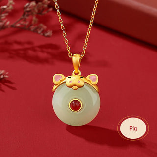 Buddha Gift 925 Sterling Silver Hetian Jade Chinese Zodiac Year of the Dragon Red Agate Luck Protection Necklace Pendant (Extra 30% Off | USE CODE: FS30)