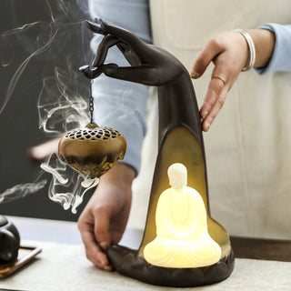 Buddha Gift Led Buddha Hand Backflow Smoke Fountain Healing Ceramic Stick Incense Burner Decoration