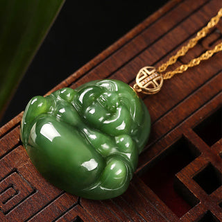 Buddha Gift 925 Sterling Silver Laughing Buddha Hetian Cyan Jade 18K Gold Success Necklace Chain Pendant