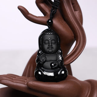 Buddha Gift Natural Black Obsidian Crystal Buddha Strength Protection Amulet Lucky Charm Pendant Necklace