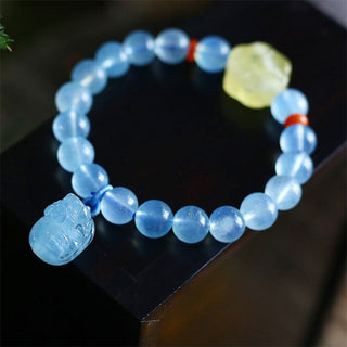 Buddha Gift Natural Aquamarine Amber Pixiu Peace Healing Charm Bracelet