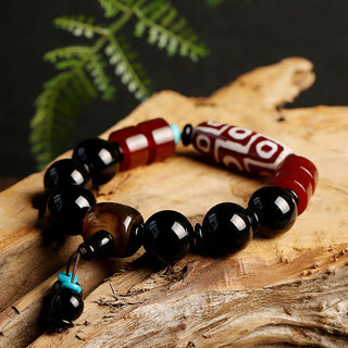 Buddha Gift Tibetan Nine-Eye Dzi Bead Black Onyx Wealth Protection Bracelet