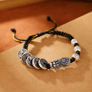 Buddha Gift 999 Sterling Silver FengShui PiXiu Copper Coin Fu Character Wealth Braided Bracelet