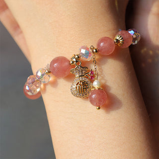 Buddha Gift Natural Strawberry Quartz Crystal Money Bag Charm Positive Bracelet