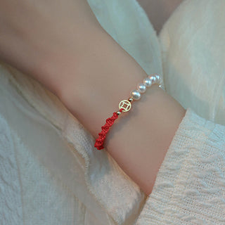 Buddha Gift 14K Gold Plated Pearl Bead Luck Protection Braid Red String Bracelet