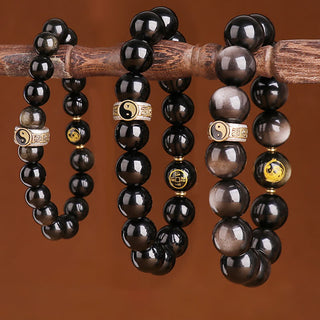 Buddha Gift 925 Sterling Silver Black Obsidian Gold Sheen Obsidian Silver Sheen Obsidian Yin Yang Protection Bracelet